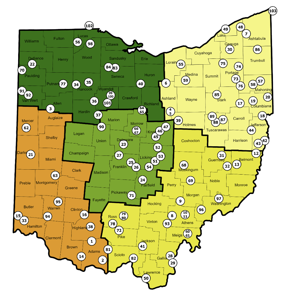 Map of Ohio showing BBBC official scorer regions